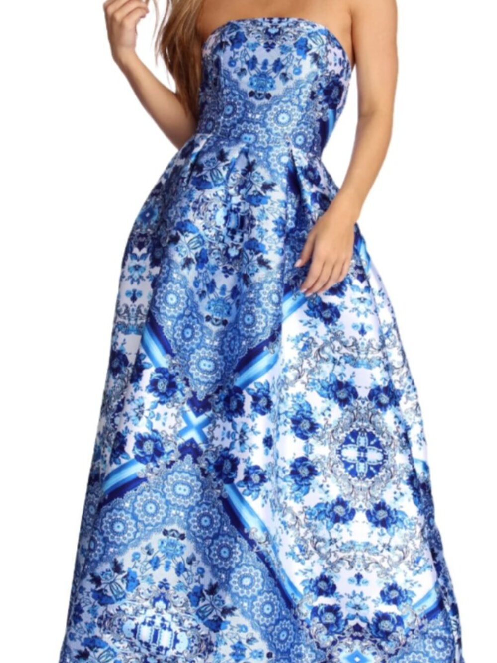 Speechless Blue White Floral Strapless Ball Gown Prom Dress Size 15 Pockets
